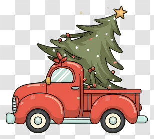 Cartoon - Red Truck With Christmas Tree And Festive Decorations Transparent PNG