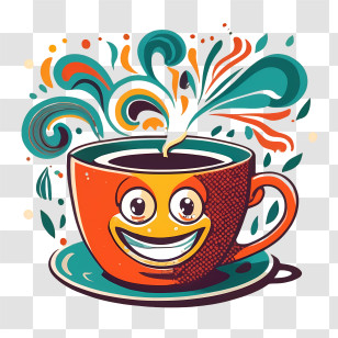Cartoon Coffee Cup - Happy Coffee Cup Illustration With Colorful Splashes Transparent PNG