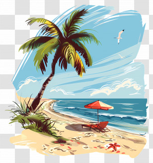 Summer Beach Scene - Tropical Beach With Palm Tree And Relaxing Scene Transparent PNG