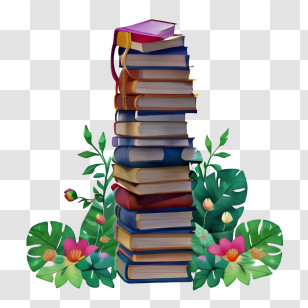 Stack Of Books - Stack Of Books Surrounded By Green Plants Transparent PNG