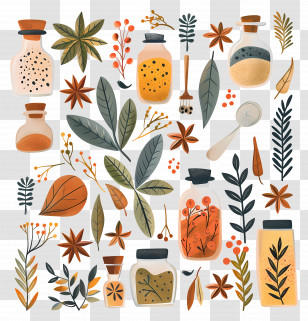Herbs And Spices - Decorative Herbal Jars And Leaves Illustration Transparent PNG