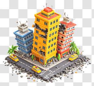 Earthquake In City - Colorful Cartoon Buildings In City Street Transparent PNG
