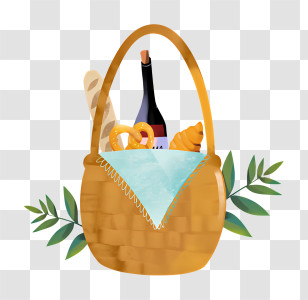 Food Basket - Cozy Picnic Basket With Bread And Wine Transparent PNG