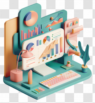 Workspace - Isometric Office Design With Charts And Data Transparent PNG