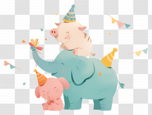 Animals - Cartoon Elephant And Pig With Party Hats Transparent PNG