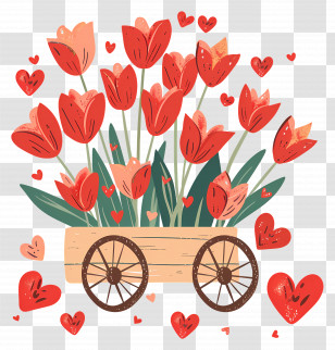 Tulips - Cart Of Red Tulips And Heart Decorations Transparent PNG