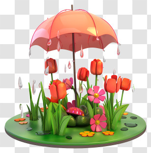 Spring - Rainy Garden With Flowers Under Umbrella Transparent PNG