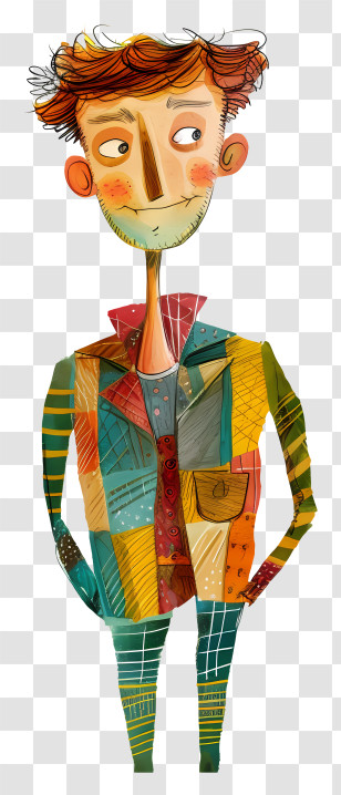 Whimsical Cartoon Man - Colorful Patchwork Man Illustration Transparent PNG