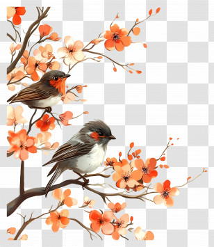 Birdsong - Birds Perched On Cherry Blossom Branch Illustration Transparent PNG