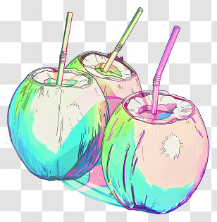 Vaporwave - Colorful Illustrated Coconuts With Straws Transparent PNG
