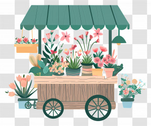 Flower Cart - Decorative Flower Cart With Potted Plants Transparent PNG