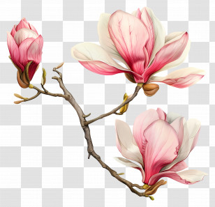 Magnolia Flowers - Magnolia Flower Branches In Artistic Design Transparent PNG