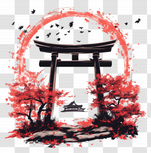 Autumn - Japanese Torii Gate With Red Trees Transparent PNG