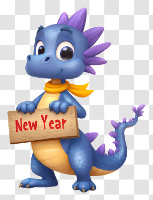 Cartoon Dragon New Year - Cute Blue Dragon Holding 'New Year' Sign Transparent PNG