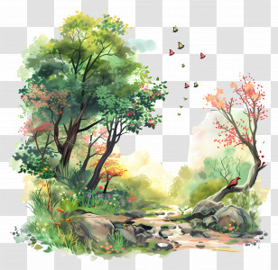 Nature Background - Serene Forest With Flowing Stream And Butterflies Transparent PNG