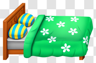 Cartoon Bed - Green Bed With Floral Blanket And Striped Pillows Transparent PNG