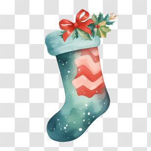 Christmas Stocking - Christmas Stocking With Ribbon And Holly Illustration Transparent PNG