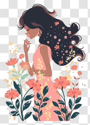 Woman And Flowers Simplistic Vector Art - Elegant Girl With Flowers Transparent PNG
