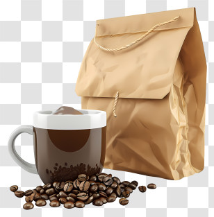 Coffee Pack - Coffee Mug With Beans And Paper Bag Setup Transparent PNG