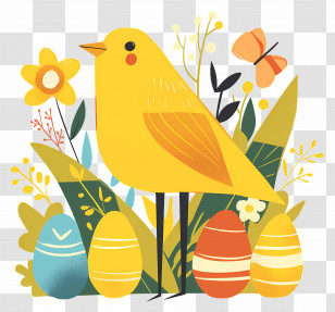 Easter Background - Yellow Bird With Flowers And Easter Eggs Transparent PNG