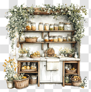 Food Storage - Rustic Kitchen With Jars And Shelves Transparent PNG
