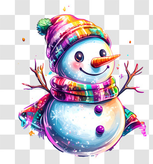 Christmas Snowman - Colorful Snowman With Scarf And Hat Transparent PNG