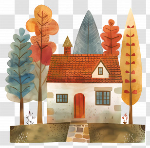Village House - Charming Cartoon House With Autumn Trees Transparent PNG