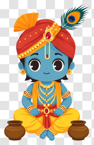 Krishna - Blue Cartoon Character Sitting With Peacock Feather Transparent PNG