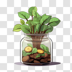 World Thrift Day - Money Plant In Jar With Golden Coins Transparent PNG