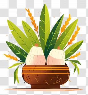 Pongal Pot - Harvest Basket With Leaves And Crops Transparent PNG