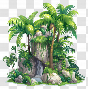 Tropical Rainforest - Tropical Waterfall Scene With Palms Transparent PNG