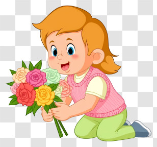 Little Girl Holding Roses - Happy Child With Colorful Flowers Transparent PNG