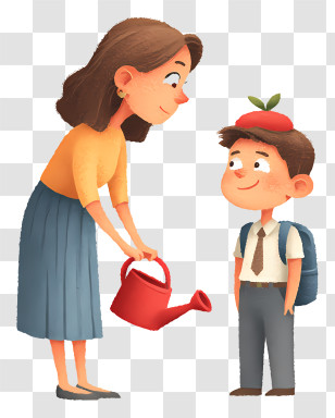 Woman Watering With Boy - Woman Watering Boy With Apple Hat Transparent PNG