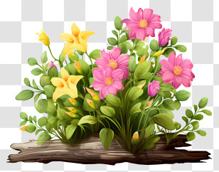 Flower Garden - Blooming Flowers On A Wooden Log Illustration Transparent PNG