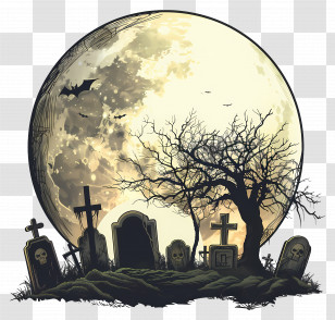 Halloween Full Moon - Spooky Graveyard With Full Moon Illustration Transparent PNG