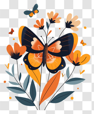 Butterfly - Butterfly And Flowers Illustration Transparent PNG