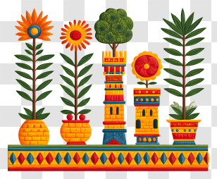 Madhubani Painting - Colorful Decorative Plants And Pots Transparent PNG