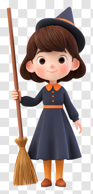 Witch Girl Holding Broom Stick - Young Witch With Broom Transparent PNG