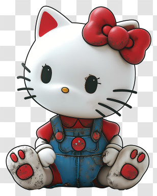 Realistic Style Hello Kitty Mascot - White Cartoon Cat With Red Bow And Overalls Transparent PNG