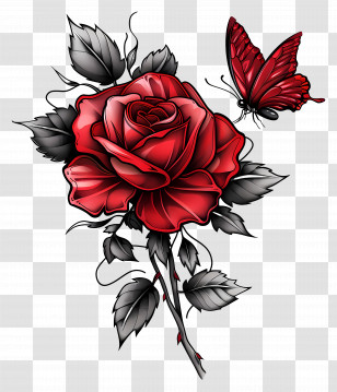 Rose Tattoo - Rose And Butterfly Art Illustration Transparent PNG