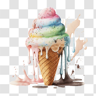 Watercolor Ice Cream Cone
 - Dripping Rainbow Ice Cream Cone In Splash Art Transparent PNG