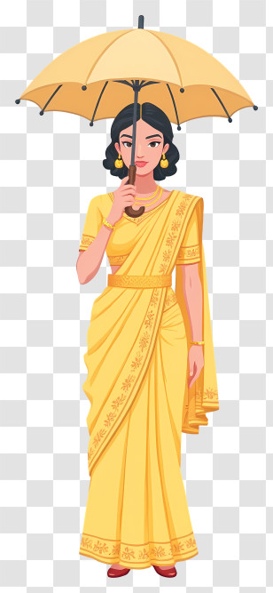 Vintage 1960s India Woman - Woman Holding Umbrella In Yellow Saree Transparent PNG