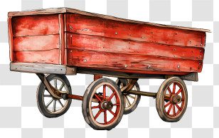 Little Red Wagon Day - Illustrated Red Wooden Wagon With Wheels Transparent PNG