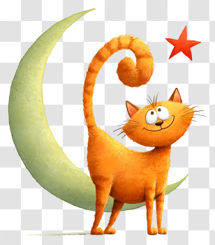 Cat Moon Star - Curly-tailed Orange Cat On Moon Transparent PNG