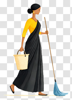 Woman Mopping The Floor - Woman In Sari Sweeping With Broom Transparent PNG