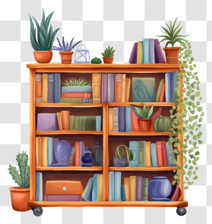 Bookcase - Bookshelf With Plants And Books Illustration Transparent PNG