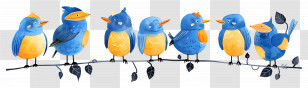 Birds Sitting On Wire - Whimsical Blue And Yellow Birds On Branch Transparent PNG