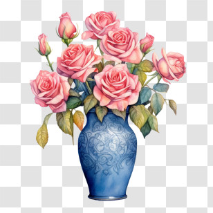 Rose
 - Pink Roses In Blue Ceramic Vase Art Transparent PNG