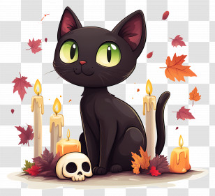 Halloween Black Cat - Black Cat With Candles And Autumn Leaves Transparent PNG