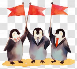 Watercolor Penguins - Penguins Holding Red Flags Transparent PNG